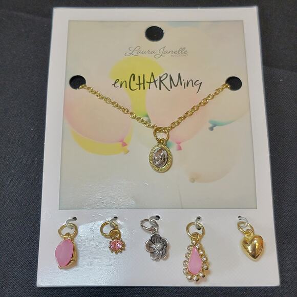 Laura Janelle Encharming Necklace 6 Charms Pink Gold Silver Rhinestone Flower - Picture 1 of 8